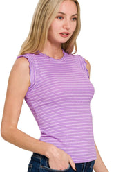 Zenana Ribbed Ruffle Trim Sleeveless Stripe Top OutfitFlow